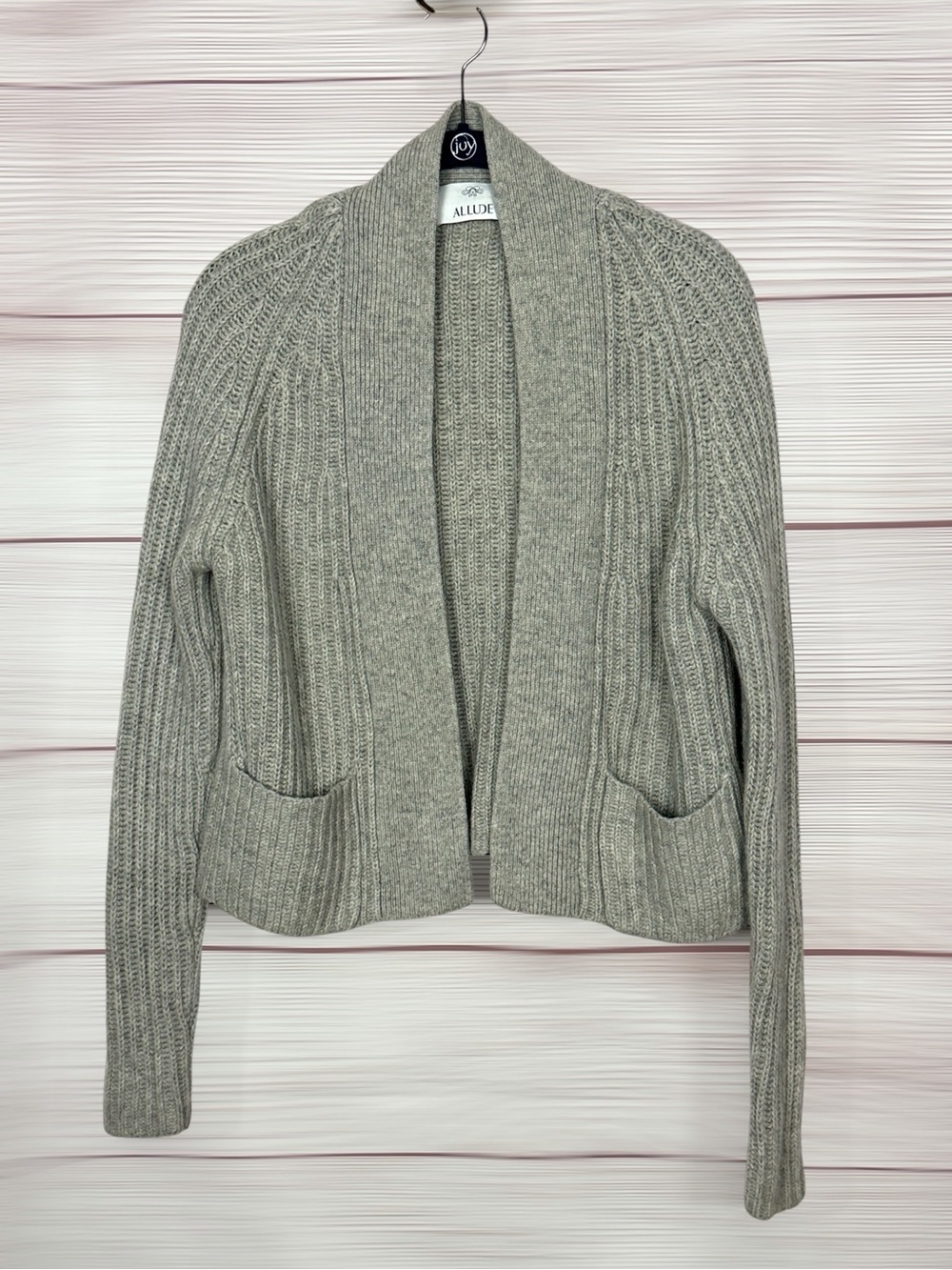 ALLUDE Cashmere Gray Short Cardigan Boxy Style Ribbed Knit Open Front  Size XS